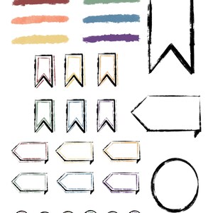 Może przedstawiać: Zestaw ręcznie rysowanych kształtów w stylu doodle, w różnych kolorach, w tym czerwonym, pomarańczowym, żółtym, zielonym, niebieskim, fioletowym i czarnym. Kształty obejmują banery, strzałki, koła i prostokąty.