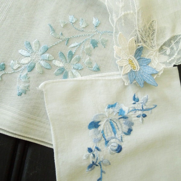 Cloth handkerchiefs - vintage hankies something blue old - wedding gifts keepsakes - mother of bridge groom gift - embroidered