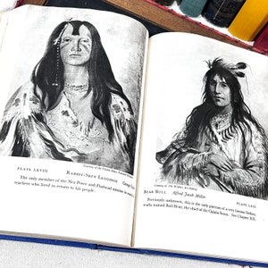 May include: Two black and white illustrations of Native American portraits from a book. The left image is of Rabbit-Skin Leggings, and the right image is of Bear Bull. Both images are accompanied by text describing the subjects.