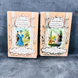 May include: Two vintage books titled "A History of Everyday Things in England" are displayed. The covers feature illustrations of historical scenes with figures in period clothing. The books have a peach-colored background with decorative architectural elements.