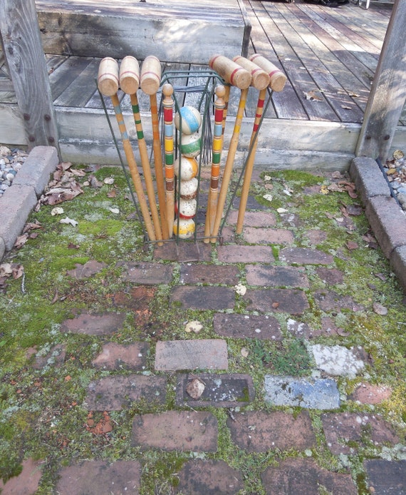 Wood Croquet Set W/ Metal Stand and Equipment Vintage Lawn Etsy