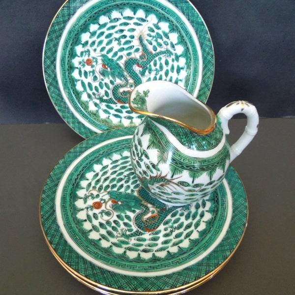 Vintage Chinese Dragon dishes - Green china creamer plates - Asian design decorative dinnerware -  Bread plates - Prop scene set Asian