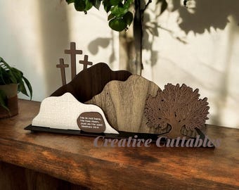 Tumba de Pascua - Tumba vacía y exhibición de la cruz - Decoración de Pascua - Decoración religiosa cristiana - Él ha resucitado - Exhibición de Pascua cortada con láser