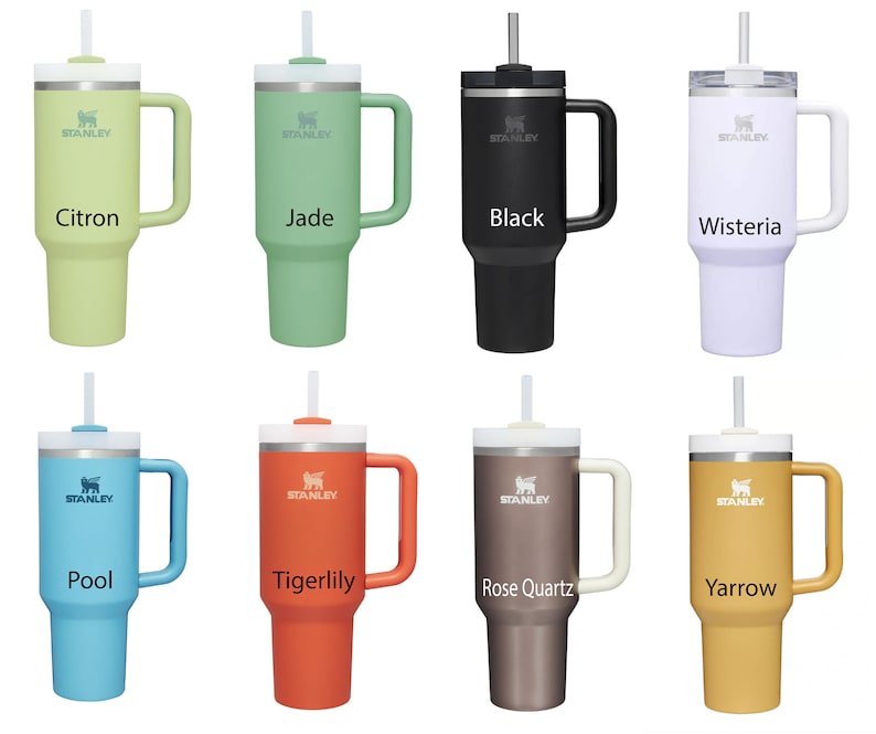 May include: Eight stainless steel travel mugs with different colored lids and handles. The mugs are labeled with the following colors: Citron, Jade, Black, Wisteria, Pool, Tigerlily, Rose Quartz, and Yarrow.
