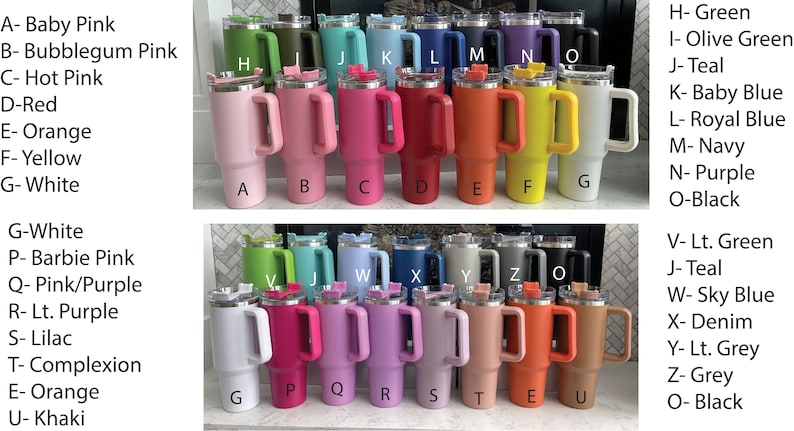 May include: A variety of colors of stainless steel travel mugs with handles. The mugs are arranged in two rows of 10. The colors include baby pink, bubblegum pink, hot pink, red, orange, yellow, white, green, olive green, teal, baby blue, royal blue, navy, purple, black, light green, sky blue, denim, light grey, grey, and khaki.