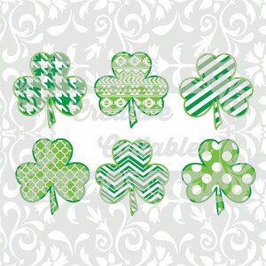 May include: Six green shamrock designs with different patterns. The patterns include polka dots, stripes, chevron, houndstooth, and geometric designs.