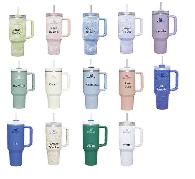 May include: A set of 18 stainless steel travel mugs with various tie-dye patterns and colors. The mugs have a handle and a straw. The colors include green, blue, pink, purple, white, and cream.