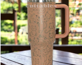 Vaso de 40 oz con asa grabado, Here Kitty Kitty Cat Pet