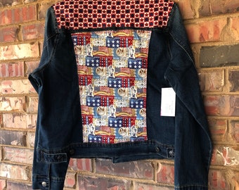 New Ladies denim jacket with embellishments on front and back/ladies small