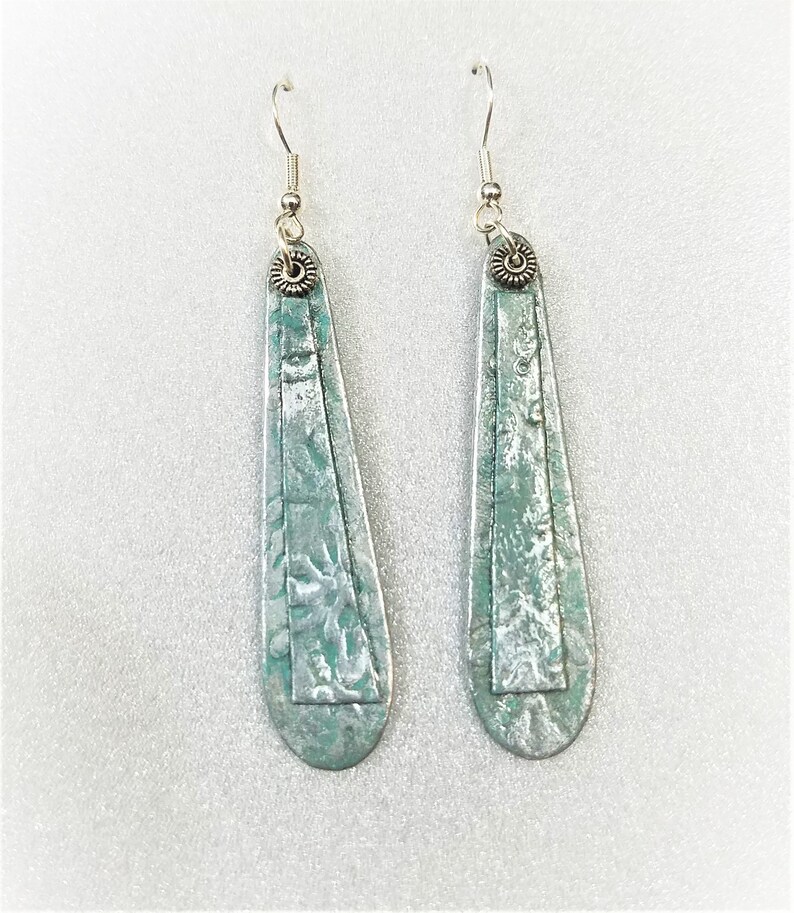 Light Turquoise Blue Featherlight Layered Teardrop Pendant for Long Drop Earrings Artisan Made and Handpainted Metal Looking. Shimmery