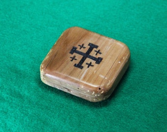 Wooden Rosary Box, Pocket Box, Hand Made, Wormy Applewood, Pyrography, Jerusalem Cross, OOAK  (Item #167)