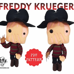 May include: A PDF pattern for a plush toy of Freddy Krueger from the Nightmare on Elm Street movie franchise. The pattern includes instructions for making a plush toy with a striped sweater, a hat, and a glove with blades. The pattern is available for download as a PDF file.