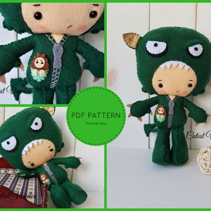 May include: PDF pattern for a green monster boy doll. The doll is wearing a green monster costume with a zipper and a small lion pocket. The pattern is available for download.
