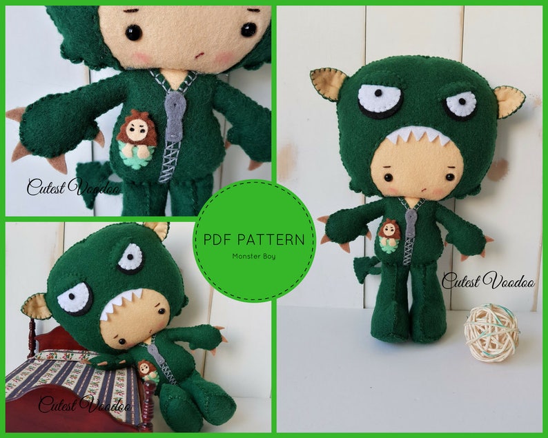 May include: PDF pattern for a green monster boy doll. The doll is wearing a green monster costume with a zipper and a small lion pocket. The pattern is available for download.