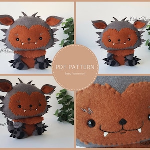 May include: PDF pattern for a cute, brown and grey felt baby werewolf plush toy. The pattern is titled "Baby Werewolf!" and is by "Cutest Voodoo".