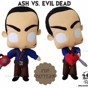 May include: A PDF pattern for a felt plush toy of Ash Williams from the Evil Dead franchise. The pattern includes two versions of Ash, one with a chainsaw and one with a heart. The pattern is available for download on the website www.cutesyvooodoo.com.