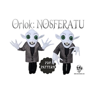 May include: A PDF pattern for a felt plush toy of Orlok from the film Nosferatu. The pattern includes two images of the finished toy, one with arms outstretched and one with arms bent. The text "PDF PATTERN" is written in white on a black circle.