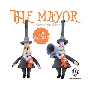 Op de afbeelding: Een PDF-patroon voor een vilten pop van The Mayor uit de film Nightmare Before Christmas. Het patroon bevat twee poses van het personage, een met een megafoon en een met een lint.