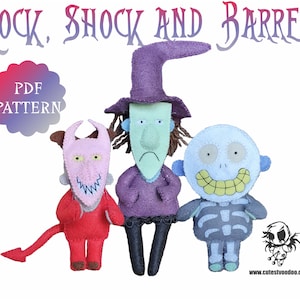 Pode incluir: Padrão PDF para costurar três personagens de feltro do filme O Estranho Mundo de Jack: Lock, Shock e Barrel. Os personagens são uma bruxa roxa, um diabo vermelho e um esqueleto azul.