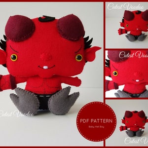 Op de afbeelding: PDF-patroon voor een rood vilten baby Hell Boy knuffel. Het patroon bevat instructies voor het maken van de hoorns, ogen en andere details van het speelgoed. Het patroon is te downloaden van de website van Cutes Voodoo.
