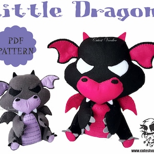 May include: PDF pattern for making two felt plush dragons. One dragon is black with pink accents and the other is gray with purple accents. Both dragons have white eyes and a stitched mouth.