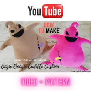 Puede incluir: Un tutorial de vídeo de YouTube sobre cómo hacer un "Boogie Boogie Cuddle Cushion" con un fantasma de peluche rosa y marrón. El vídeo se titula "Cómo hacer" y el canal es "Cutest Voodoo".