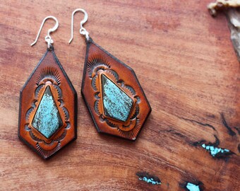 Turquoise earrings-Leather earrings-turquoise-leather-western earrings-boho-rodeo earrings-cowgirl-NFR-statement earrings-tooled-hippie