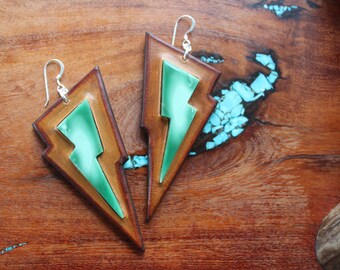 Australian Variscite Lightening Bolt earrings-Leather earrings-NFR fashion-turquoise-leather-western earrings-boho-rodeo-cowgirl-tooled