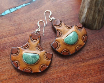 Leather Cow Tag Earrings-Green Sonoran turquoise-hand tooled-ranch-western earrings-boho-rodeo-leather-cowgirl-hand tooled-statement