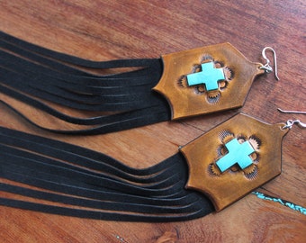 Turquoise cross earrings-Leather fringe earrings-hand tooled-turquoise ranch-western-boho earrings-rodeo earrings-NFR-statement earrings