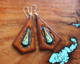 Turquoise earrings-Leather earrings-hand tooled-turquoise-leather-western earrings-boho-rodeo earrings-cowgirl-NFR-statement earrings