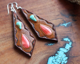 Turquoise earrings-Spiny Oyster-Leather earrings-hand tooled-turquoise-leather-western earrings-boho-rodeo earrings-statement earrings-NFR