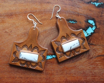 Leather Cow Tag Earrings-White Buffalo turquoise-hand tooled-ranch-western earrings-boho-rodeo-leather-cowgirl-hand tooled-statement