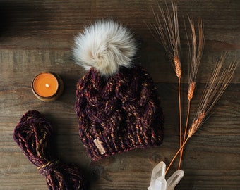 The Cable Knit Beanie in Harvest // Stitch Witchery Co., Women's, Men's, unisex, knit hat, cable knit, custom, faux fur pom pom, teens