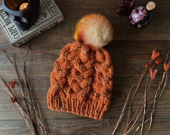The Cable Knit Beanie in Fall Leaves // Stitch Witchery Co., Women's, Men's, unisex, knit hat, cable knit, custom, faux fur pom pom, teens