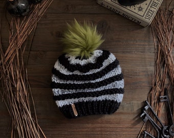 Beetlejuice Slouchy Beanie, Faux Fur Pom // Stitch Witchery Co., Women's, Men's, Unisex, knit beanie, fall, Beetlejuice hat, Halloween hat