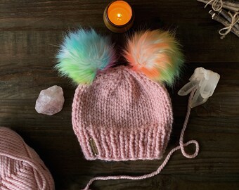 Pastel Double Pom Beanie // Stitch Witchery Co., Women's, Men's, unisex, knit beanie, pastel beanie, faux fur pom pom, pastel, rainbow