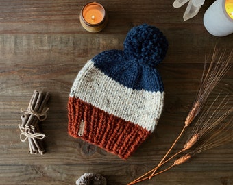 The Wanderlust Beanie in Denver // Stitch Witchery Co., Women's, Men’s, Unisex, knit beanie, slouchy, colorblock, knit hat, winter hat