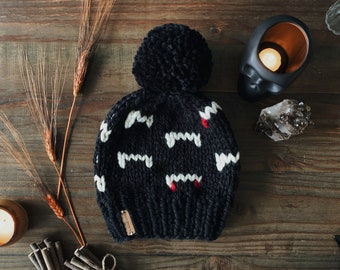 The Fangs Out Beanie // Stitch Witchery Co., Women's, Men’s, Unisex, knit beanie, Halloween beanie, vampire beanie, Halloween, handmade