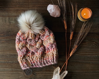 The Cable Knit Beanie in Spice Market // Stitch Witchery Co., Women's, Men's, unisex, knit hat, cable knit, faux fur pom pom, teens