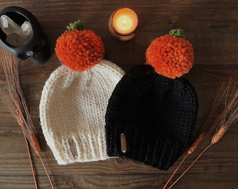Pumpkin Beanie, pumpkin pompom // Stitch Witchery Co., Women's, Men's, Unisex, seasonal, fall, pumpkin, custom pompom, knit hat