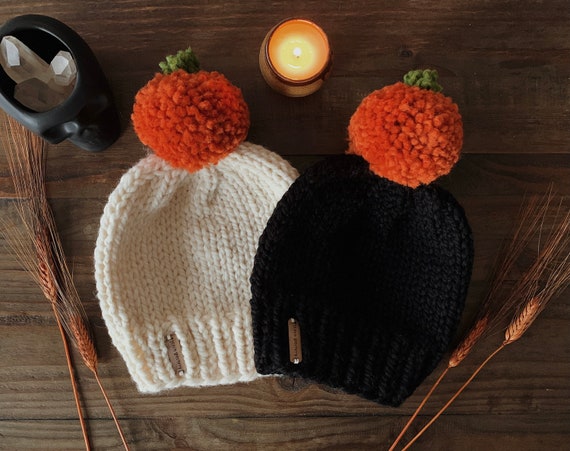 Pumpkin Beanie, pumpkin pompom // Stitch Witchery Co., Women's, Men's, Unisex, seasonal, fall, pumpkin, custom pompom, knit hat