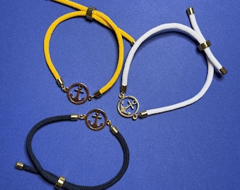 Adjustable Gold Plated Anchor Charm Cord Bracelet – Navy, Yellow, White Options