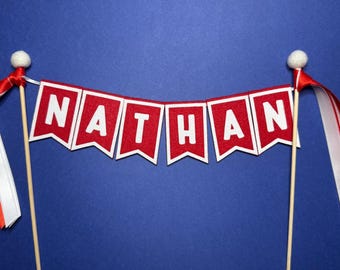 Custom Felt Birthday Cake Topper Banner, Red White Ribbon Detail