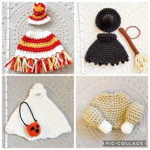 May include: Four sets of crocheted doll accessories: a red, white, and yellow poncho with a matching hat; a black witch hat, skirt, and broom; a white ghost cape with a pumpkin bucket; and a tan roasted turkey with two drumsticks.