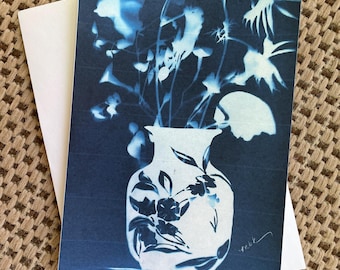 Cyanotype Art Card: Flower Vase & Flowers - from original cyanotype art