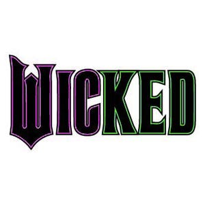 May include: Black and green text in a gothic font spelling "WICKED". The "W" is purple, and the rest of the text is green.