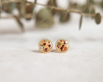 Gold Beaded Stud Earrings: Flower Petals from Wedding, Funeral, Baptism, Shower, Anniversary, Birth, Special Occasion