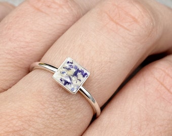 Flower Memorial Dainty Square Ring (Plain Band):Flower Petals from Wedding, Funeral, Baptism, Anniversary, Birth, Special Occasion