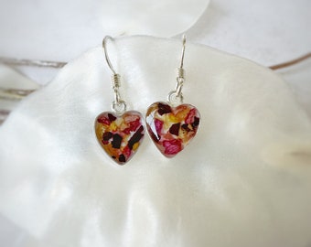 Flower Memorial Heart Dangle Earrings: Flower Petals from Wedding, Funeral, Baptism, Shower, Anniversary, Birth, Special Occasion